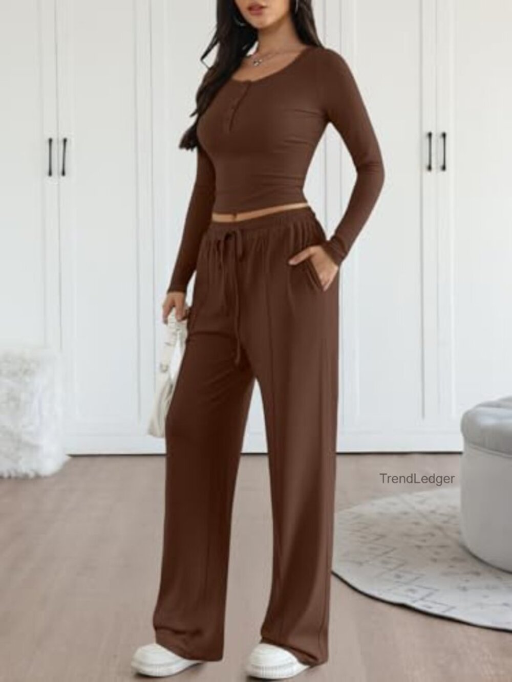 2 Piece Lounge Set Women Matching Sweatsuit Travel Outfits Long Sleeve Top Wide - Picture 3 of 6